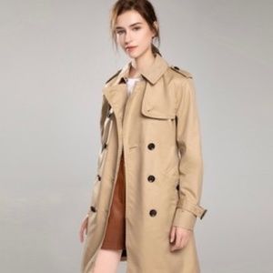COACH Classic Khaki Trench Coat Mid Length Large Leather Trim